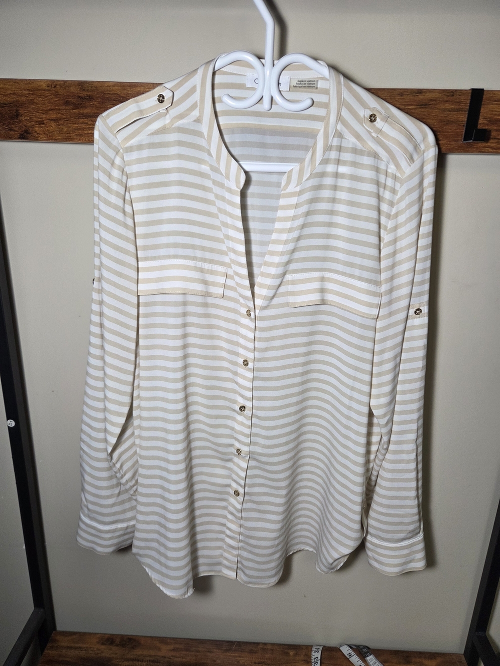 Calvin Klein Cream and White Striped Button-Up Blouse
